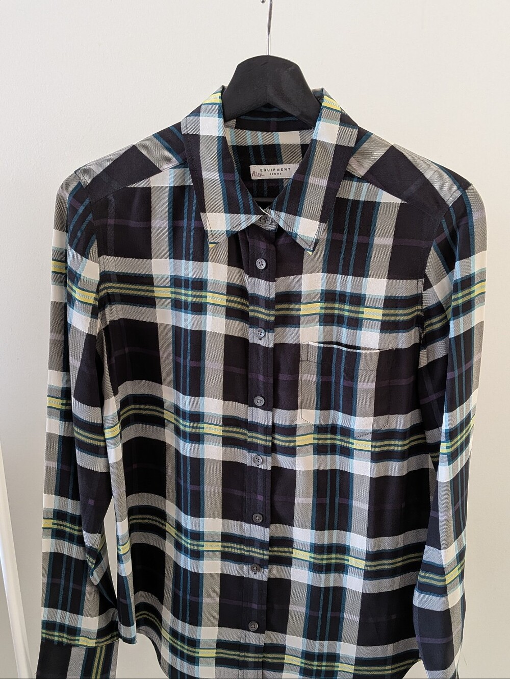 Equipment Black Plaid Button-Down Silk Shirt with Blue & White Accents
